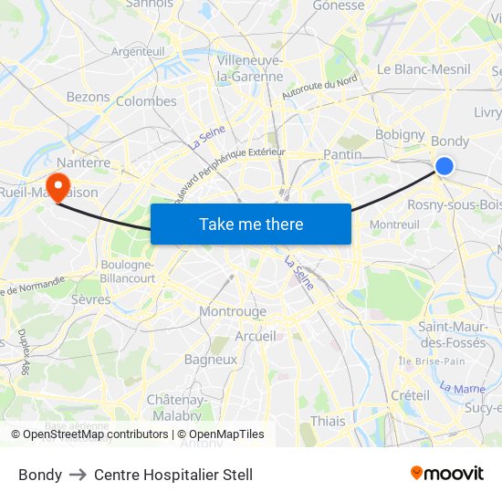 Bondy to Centre Hospitalier Stell map