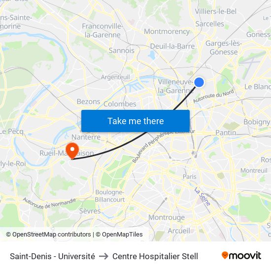 Saint-Denis - Université to Centre Hospitalier Stell map
