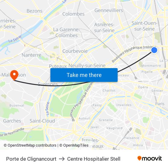 Porte de Clignancourt to Centre Hospitalier Stell map
