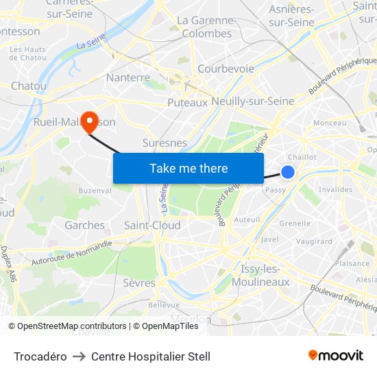 Trocadéro to Centre Hospitalier Stell map