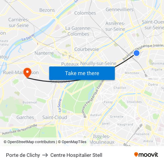 Porte de Clichy to Centre Hospitalier Stell map