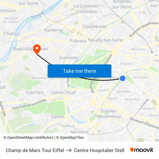 Champ de Mars Tour Eiffel to Centre Hospitalier Stell map