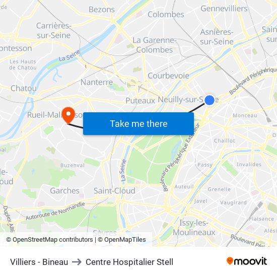 Villiers - Bineau to Centre Hospitalier Stell map