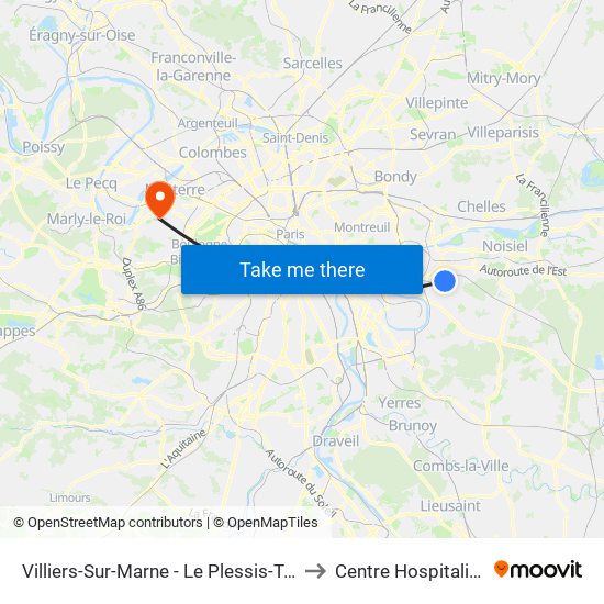 Villiers-Sur-Marne - Le Plessis-Trévise RER to Centre Hospitalier Stell map