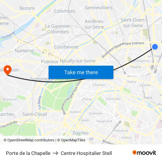 Porte de la Chapelle to Centre Hospitalier Stell map