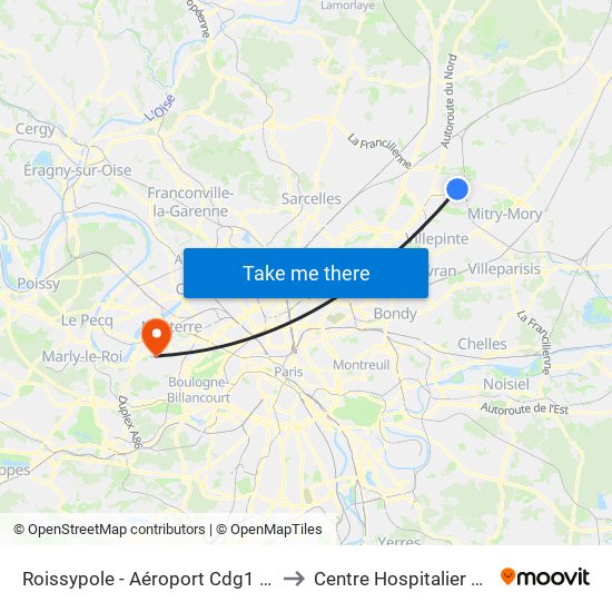 Roissypole - Aéroport Cdg1 (D1) to Centre Hospitalier Stell map