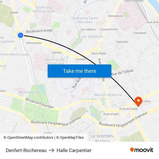 Denfert-Rochereau to Halle Carpentier map