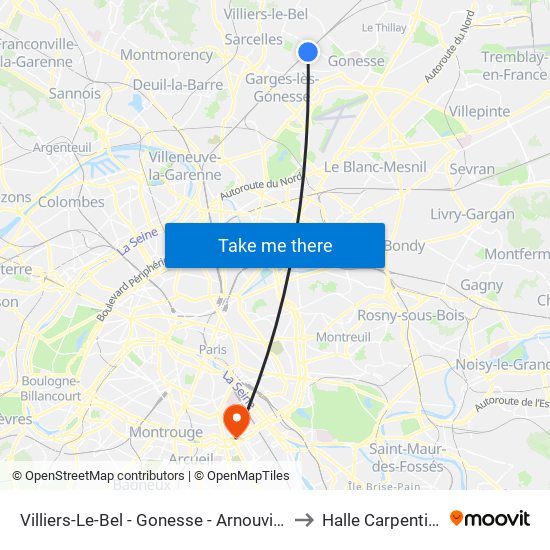 Villiers-Le-Bel - Gonesse - Arnouville to Halle Carpentier map