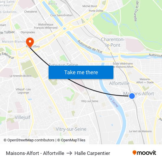 Maisons-Alfort - Alfortville to Halle Carpentier map