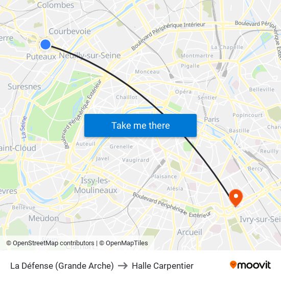 La Défense (Grande Arche) to Halle Carpentier map