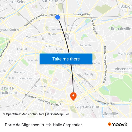 Porte de Clignancourt to Halle Carpentier map