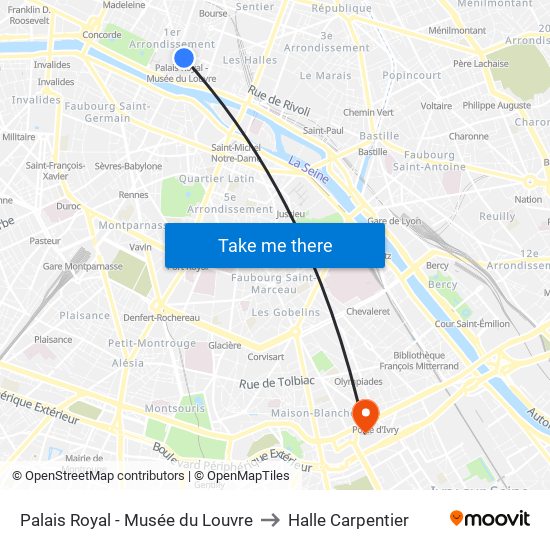 Palais Royal - Musée du Louvre to Halle Carpentier map