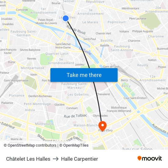 Châtelet Les Halles to Halle Carpentier map
