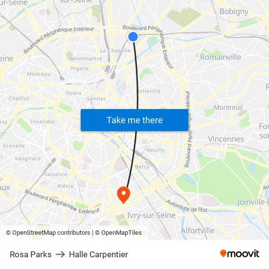 Rosa Parks to Halle Carpentier map