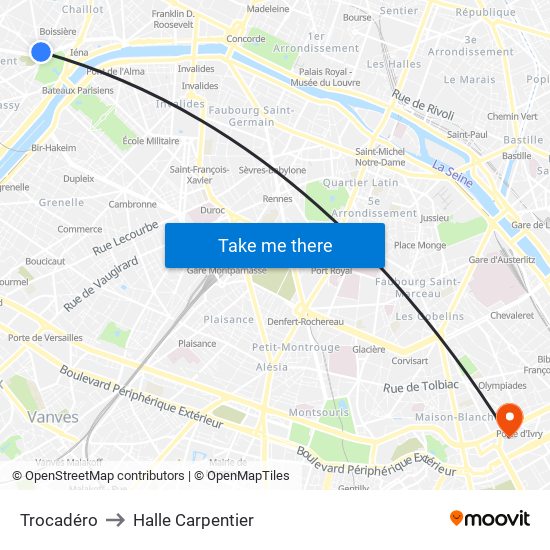 Trocadéro to Halle Carpentier map