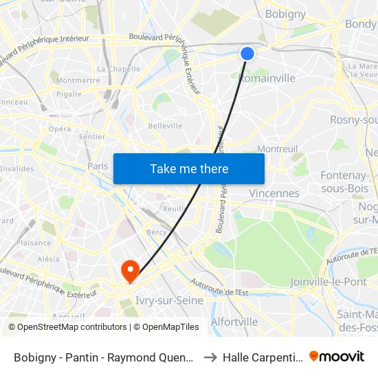 Bobigny - Pantin - Raymond Queneau to Halle Carpentier map
