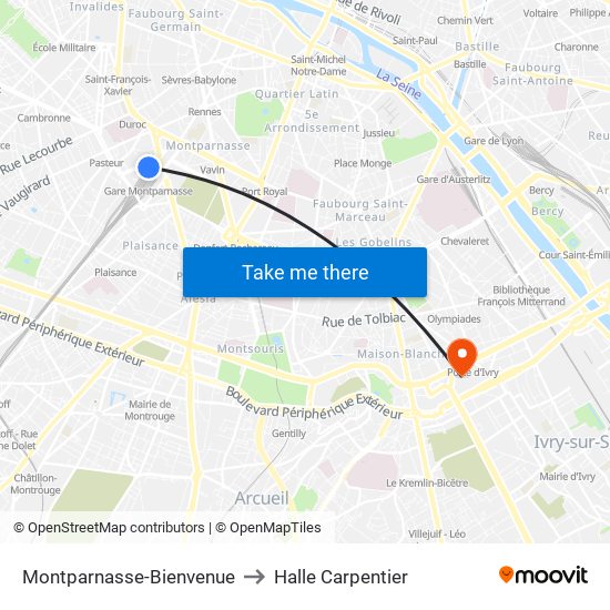 Montparnasse-Bienvenue to Halle Carpentier map