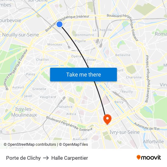 Porte de Clichy to Halle Carpentier map