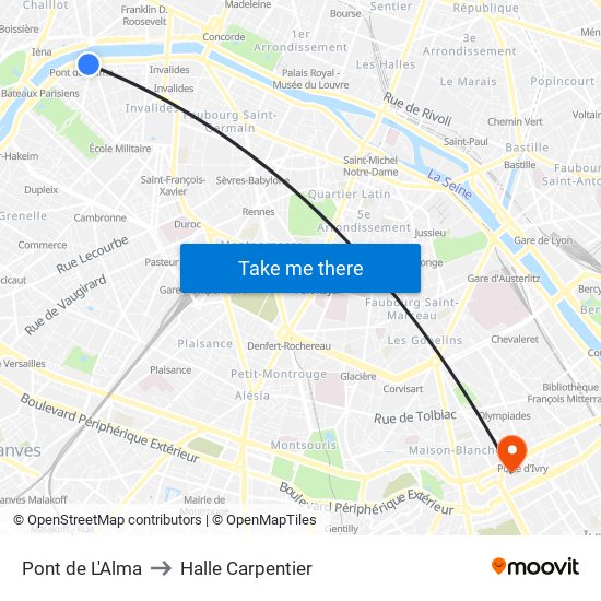 Pont de L'Alma to Halle Carpentier map