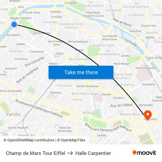 Champ de Mars Tour Eiffel to Halle Carpentier map