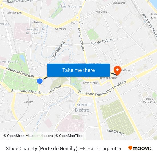 Stade Charléty (Porte de Gentilly) to Halle Carpentier map
