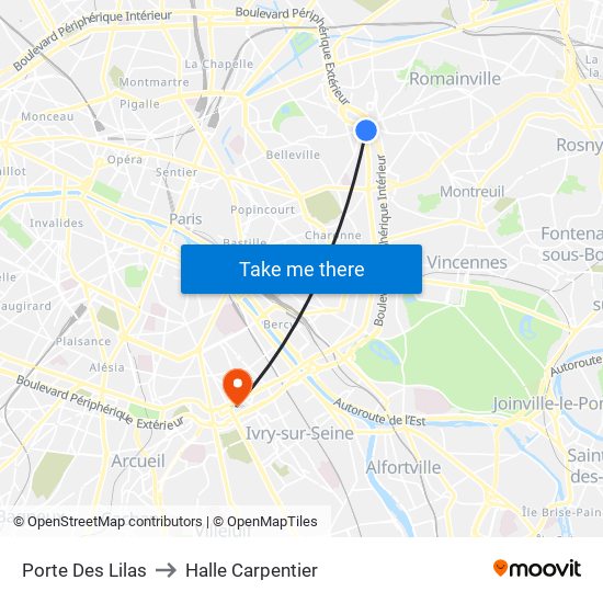 Porte Des Lilas to Halle Carpentier map