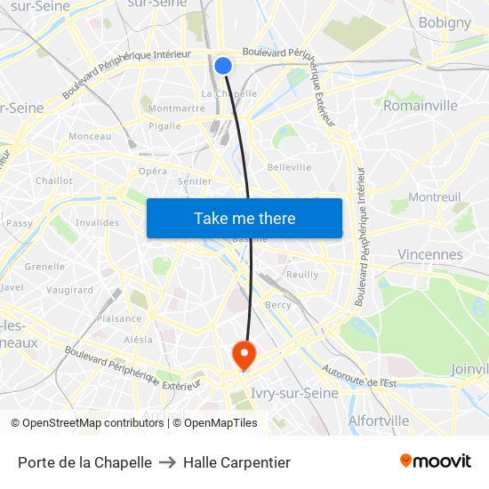 Porte de la Chapelle to Halle Carpentier map