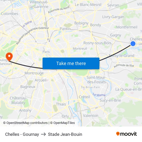 Chelles - Gournay to Stade Jean-Bouin map