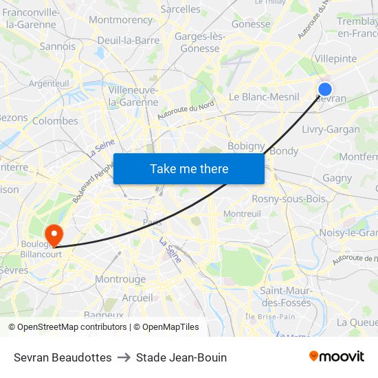 Sevran Beaudottes to Stade Jean-Bouin map