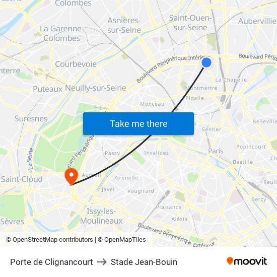 Porte de Clignancourt to Stade Jean-Bouin map