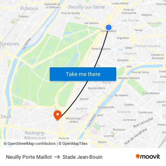 Neuilly Porte Maillot to Stade Jean-Bouin map