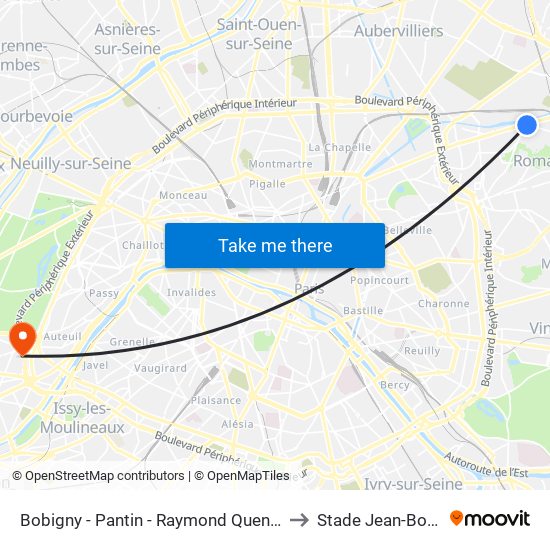 Bobigny - Pantin - Raymond Queneau to Stade Jean-Bouin map
