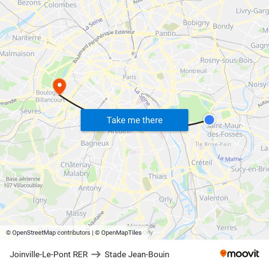 Joinville-Le-Pont RER to Stade Jean-Bouin map