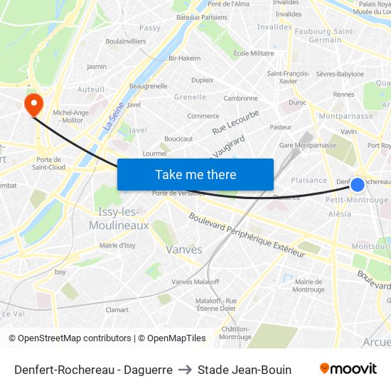 Denfert-Rochereau - Daguerre to Stade Jean-Bouin map