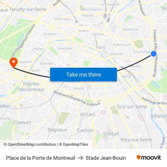 Place de la Porte de Montreuil to Stade Jean-Bouin map