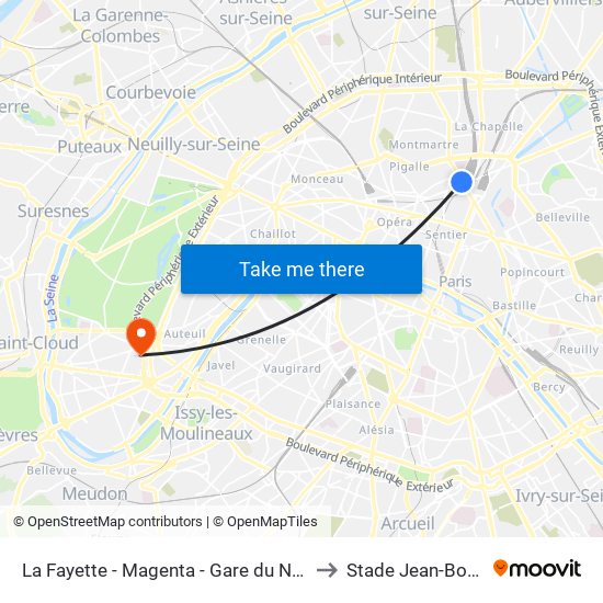 La Fayette - Magenta - Gare du Nord to Stade Jean-Bouin map