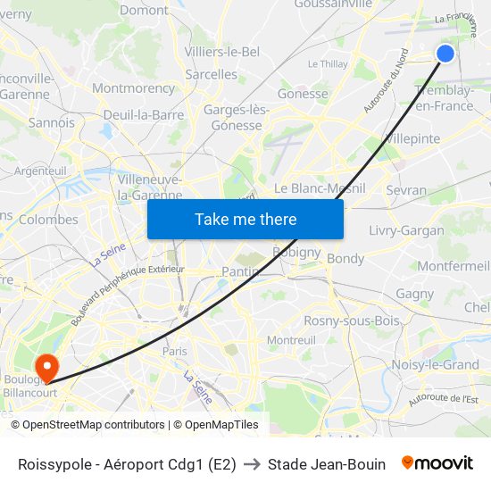 Roissypole - Aéroport Cdg1 (E2) to Stade Jean-Bouin map