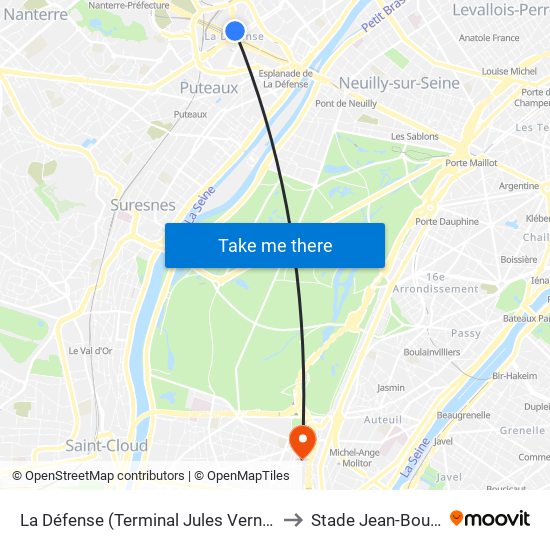 La Défense (Terminal Jules Verne) to Stade Jean-Bouin map
