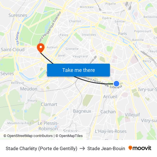 Stade Charléty (Porte de Gentilly) to Stade Jean-Bouin map