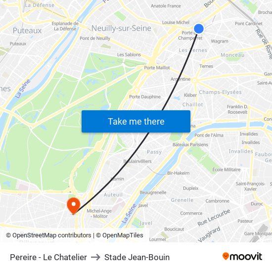 Pereire - Le Chatelier to Stade Jean-Bouin map