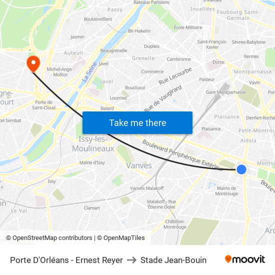 Porte D'Orléans - Ernest Reyer to Stade Jean-Bouin map