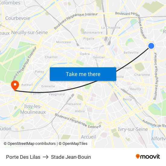 Porte Des Lilas to Stade Jean-Bouin map