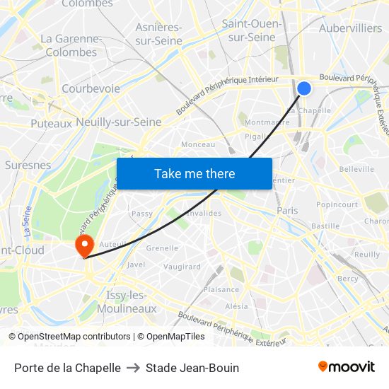 Porte de la Chapelle to Stade Jean-Bouin map