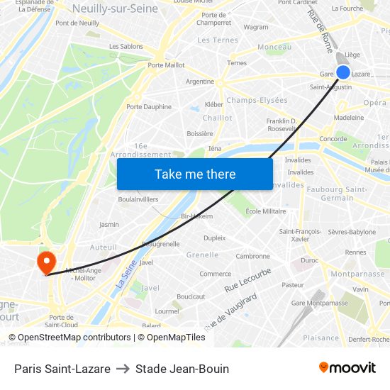 Paris Saint-Lazare to Stade Jean-Bouin map