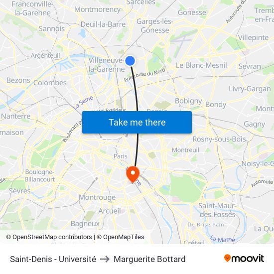Saint-Denis - Université to Marguerite Bottard map