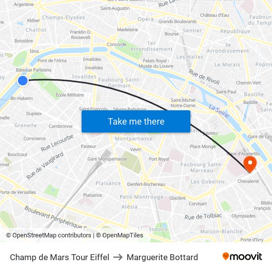 Champ de Mars Tour Eiffel to Marguerite Bottard map