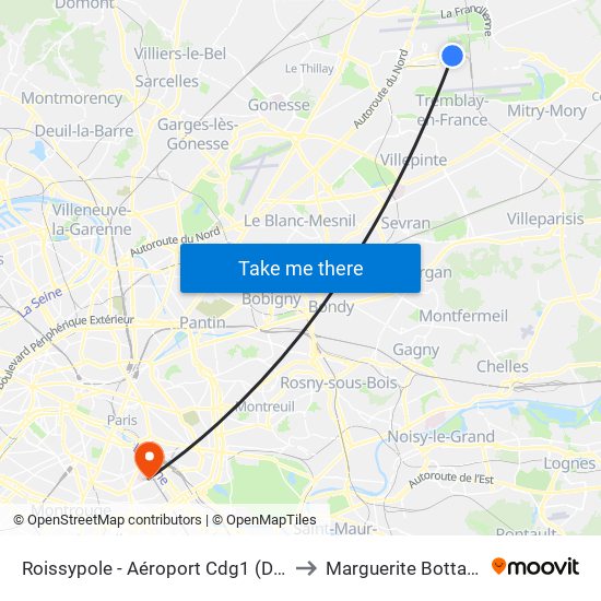 Roissypole - Aéroport Cdg1 (D3) to Marguerite Bottard map