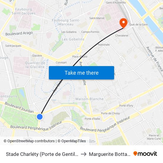 Stade Charléty (Porte de Gentilly) to Marguerite Bottard map