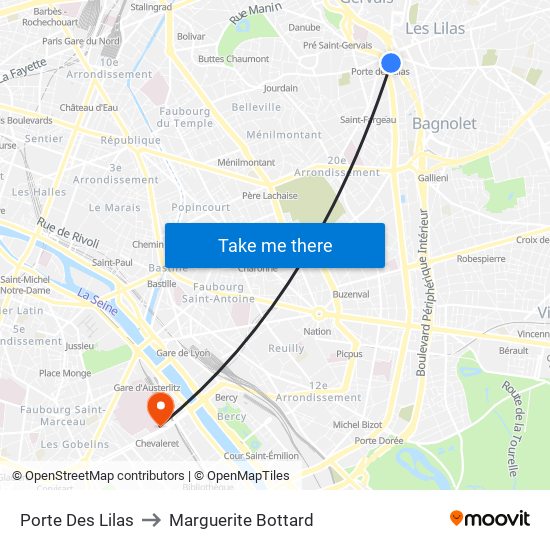 Porte Des Lilas to Marguerite Bottard map