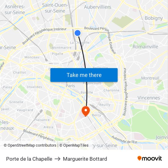 Porte de la Chapelle to Marguerite Bottard map